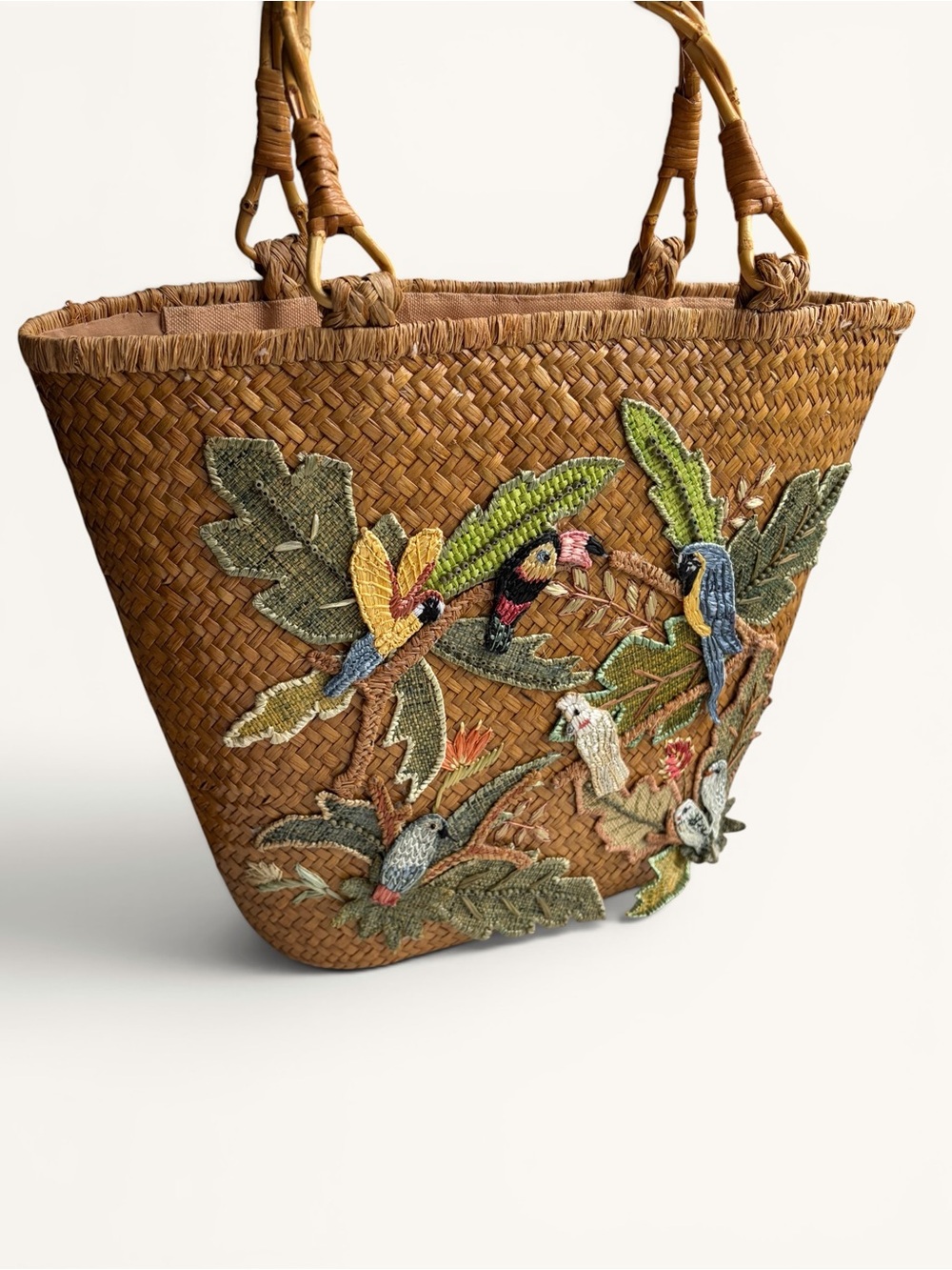 Vintage Cappelli Brown Straw Tote with Multicolor Parrot Embroidery - Picture 3 of 16